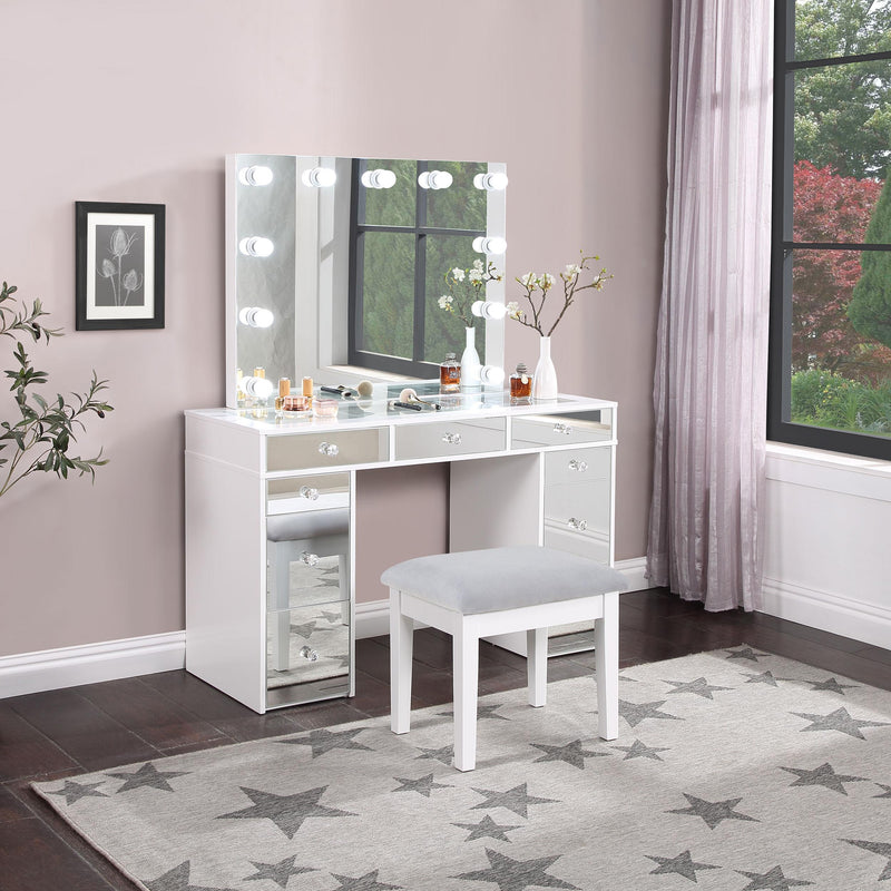 Coaster Furniture Regina 930245 3-Piece Makeup Vanity Table Set Hollywood Lighting - White/Mirror IMAGE 2
